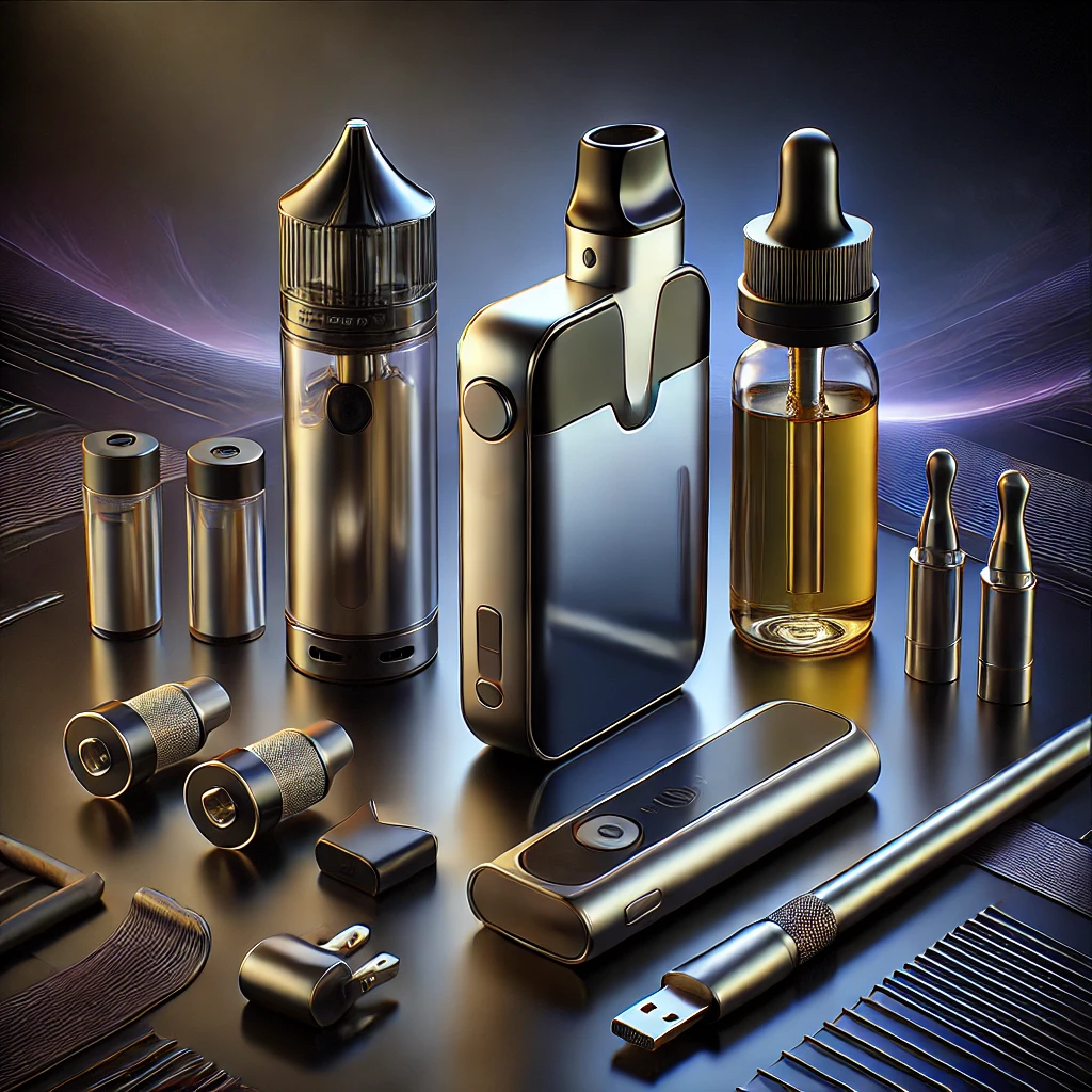 DALL·E 2024 09 24 18.48.09 A beautifully designed image featuring a sleek Pod system along with its accessories including replacement coils charging cable and e liquid bottle
